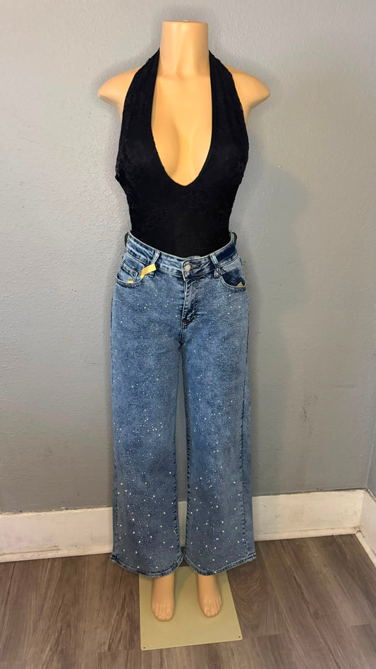 LEGEND-BLUE RHINESTONE JEANS- WIDE LEG WITH CRYSTALS AND PEARLS