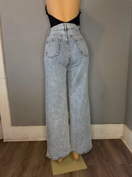 LEGEND- LIGHT BLUE RHINESTONE JEANS- WIDE LEG WITH DOUBLE CRYSTALS