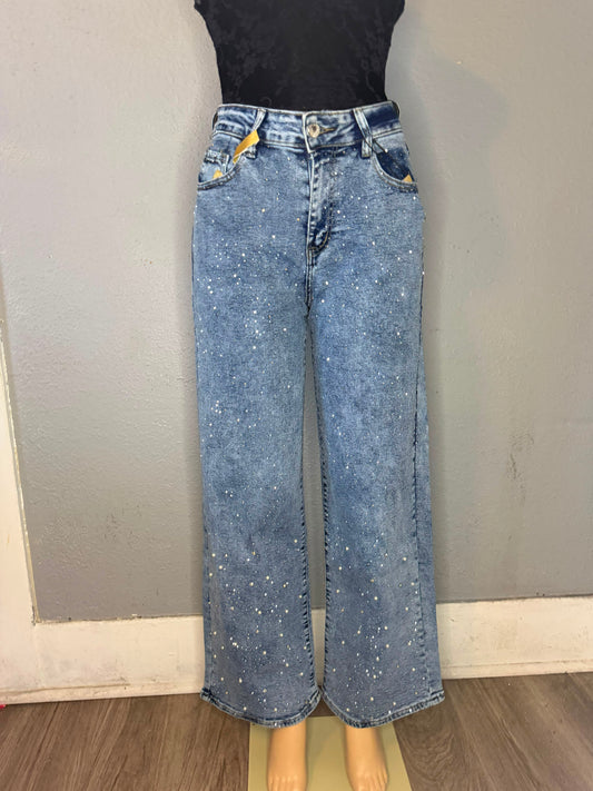 LEGEND-BLUE RHINESTONE JEANS- WIDE LEG WITH CRYSTALS AND PEARLS