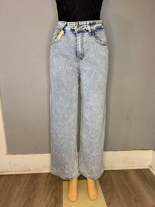LEGEND- LIGHT BLUE RHINESTONE JEANS- WIDE LEG WITH DOUBLE CRYSTALS